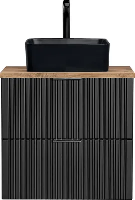 Produktbild von Badmöbel Waschtisch, 61cm, mit schwarzem Aufsatzbecken, ADELAIDE-56-BLACK, matt schwarz mit Eiche Nb., Rillenoptik, B/H/T ca. 60,6/72,2/46,5 cm