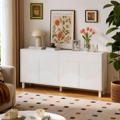 Produktbild von Sideboard 160cm Weiß Modern, Griffloses Design mit Rillen & Wellenoptik, 2 Schubladen + 4 Türen, Kieferbeine & Kippschutz