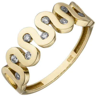 Produktbild von Ring Damenring mit Wellen 9 Zirkonia 333 Gold Gelbgold Fingerring 7mm breit Innenumfang 58mm  Ø18.5mm