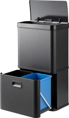 A black, multi-compartment trash can with a blue inner bin is shown against a white background.