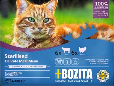 Produktbild von Katzenfutter nass BOZITA Delicate Meat Menu Sterilised Häppchen in Gelee mit Fleisch Multibox 12 x 85 g Rind und Truthah