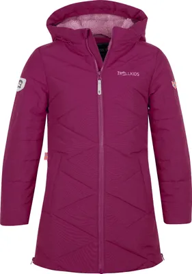 A pink Trollkids girls' jacket with a hood, shown front-on against a white background.