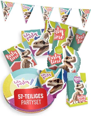 Produktbild von Dino Partyset 6-teilig – Teller, Becher, Servietten, Wimpel, Tüten, Ballons