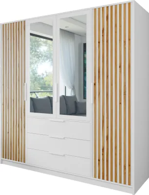 Produktbild von Furniture24 Kleiderschrank Bali D4 Lux Schlafzimmer 4 Türiger Drehtürenschrank 3 Schubkästen Schrank 1 Kleiderstange 5 Einlegeboden Spiegel Wotan Eiche Weiß Lammelenschrank