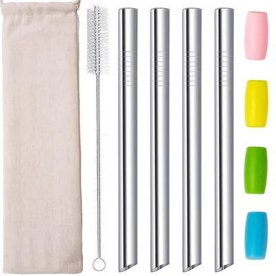 Produktbild von Edelstahl Strohhalme 12mm Breit für Bubble Tea Smoothie 4 Stück Silber mit Bürste und Silikonspitzen