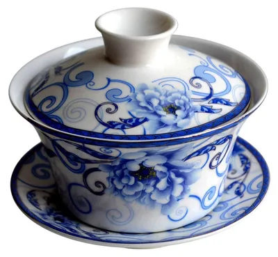 Image de Tasse à thé Gaiwan Gongfu de 294 ml, avec couvercle et soucoupe, en porcelaine, bleu et blanc, motif de pivoines