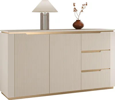 Produktbild von MIRJAN24 Sideboard Hilafin 2D3S, Stilvoll Wohnzimmer, Sideboard mit zwei Drehtüren und drei Schubladen (Farbe: Sandbeige + Gold)