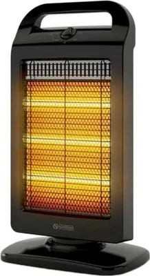 A black infrared heater with glowing heating elements.