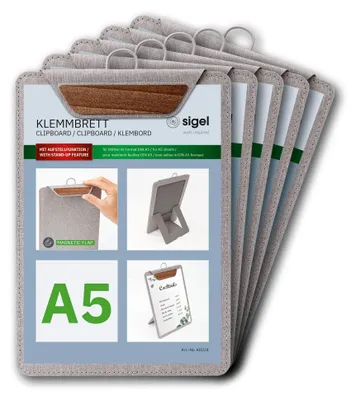 Productafbeelding van SIGEL klembord, formaat DIN A5, met opstellingfunctie, 5 stuks.