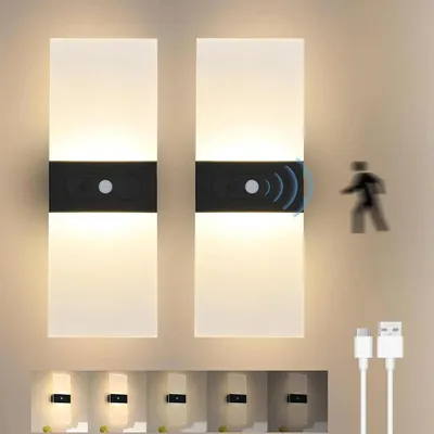 Image de Lot de 2 appliques murales LED - Détecteur de mouvement - Batterie rechargeable par USB - Intensité réglable en continu - Lumière vers le haut et vers le bas - Blanc froid 5500-7000K - Noir