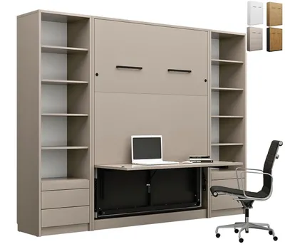 Produktbild von Schrankbett Wandbett Klappbett vertikal GN 140x200 mit Schreibtisch LED und 2 Regalen Congo