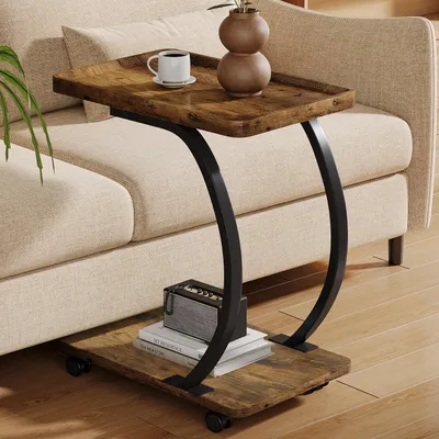 Produktbild von Beistelltisch, C-förmiger Couchtisch mit Rollen, doppelstöckiger nachttisch, Metallgestell, Konsolentisch, Sofatisch, für kleine Wohnzimmer