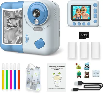 Produktbild von Sofortbildkamera fuer Kinder, Kinderkamera 1080P, Digitalkamera fuer Kinder, 2,4-Zoll-IPS-Bildschirm, 10-facher Zoom, eingebauter Akku, mit Thermodruckpapier, Farbstiften, Umhaengeband, Geburtstags- und Festivalgeschenk fuer Kinder, Jungen und Maedchen