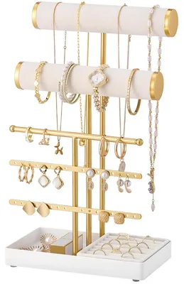 Produktbild von Schmuckhalter Schmuckständer Armbandhalter - 5 Ebenen - Samtbezug - Weiß - Für Ketten Ohrringe und Ringe