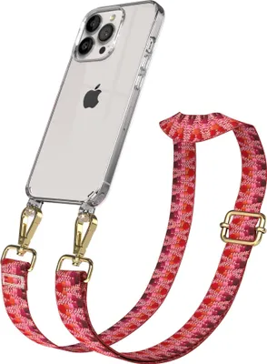 Produktbild von EAZY CASE Handykette - Verstellbarer Trageriemen kompatibel mit Apple iPhone 13 Pro, Handykordel mit transparenter Silikon-Hülle, Karabiner Gold, ZickZack Style, Band in Lila