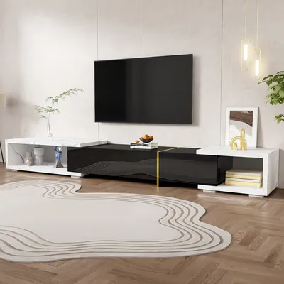Produktbild von MODFU TV-Schrank TV-Möbel Fernsehschrank  TV-Sideboard mit variabler Länge (140-260 cm), drehbarer Funktion, schwarzer Marmoroptik,schwarzem Hochglanz-Matt-Finish weiß&schwarz