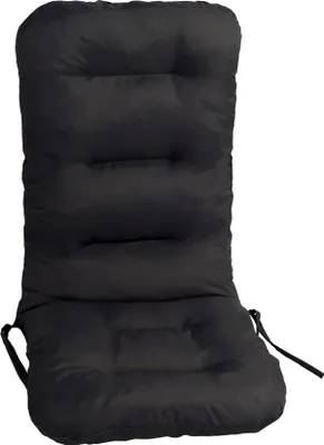 A black chair cushion on a white background.