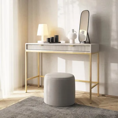 Produktbild von Schminktisch Kioto 104 cm Kaschmir Beige & Gold – Rillenfront, Goldene Griffe, 2 Schubladen, Glamour