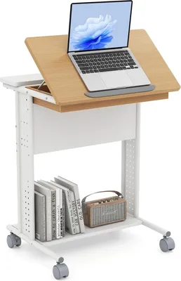 Zdjęcie produktu dla Mobilne biurko pod laptopa z odchylanym blatem, schowkiem i kółkami