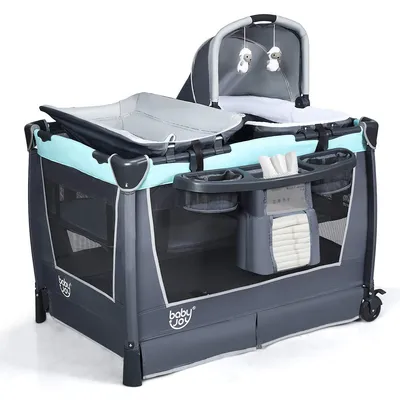 Produktbild von GOPLUS 4 in 1 Reisebett, Laufgitter Wiege Windeltisch, ab Geburt bis 15 kg, mit Matratze&Wickelauflage, Mobil & Faltbar, mit Anh?nger&Musik, mit Ablage, mit Tragetasche (Mintgrün)