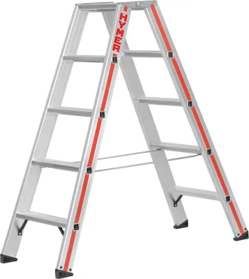 A silver stepladder with red accents is shown against a white background.