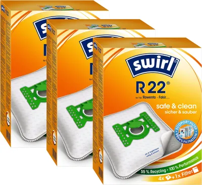 Three boxes of Swirl R22 vacuum cleaner bags arranged in a staggered formation.