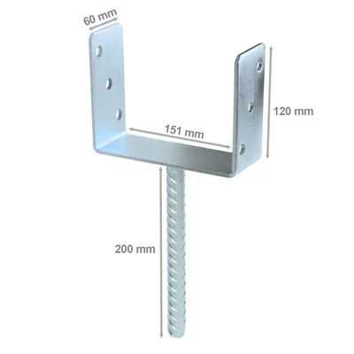A silver U-shaped post bracket with a threaded metal spike attached, shown against a white background with dimensions indicated by text and lines.