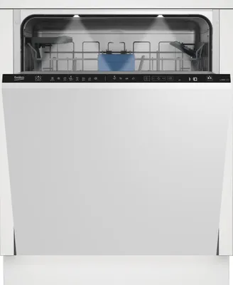 A front view of a white, fully integrated Beko dishwasher with its door open, revealing the interior racks and a blue detergent dispenser.