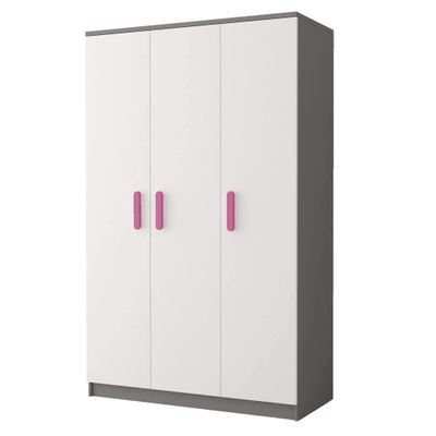 Kleiderschrank Drehtürenschrank Kinderkleiderschrank Schrank 120cm Grau/Weiß mit rosa Griffe - JONAS 19