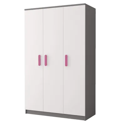 Produktbild von Kleiderschrank Drehtürenschrank Kinderkleiderschrank Schrank 120cm Grau/Weiß mit rosa Griffe - JONAS 19