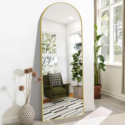 Obrázok produktu pre Zrkadlo celé telo, oblúkového tvaru, 165 x 60 cm, stojace, zlatý kovový rám, vhodné na postavenie alebo zavesenie na stenu, možno ho aj oprieť