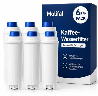 Image de Filtres à eau de remplacement pour DeLonghi DLSC002, lot de 6, compatibles avec les séries Dinamica, Magnifica S, Eletta Explorer, ETAM et Autentica