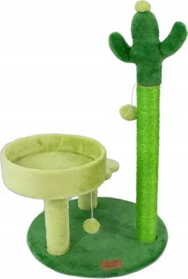 A cactus-shaped cat scratching post with a platform and hanging toys, shown against a white background.