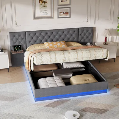 Image de UnboxG : Lit avec sommier tapissé 140x200 cm, tête de lit avec espace de rangement, 2 tables de chevet rabattables, éclairage LED, port USB et fonction de charge sans fil de 15W, revêtement en lin, couleur gris