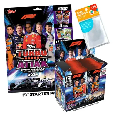 Image de Lot comprenant Turbo Attax Formule 1 2026 : 1 boîte de démarrage + 1 présentoir (24 boosters) + des pochettes de rangement exclusives