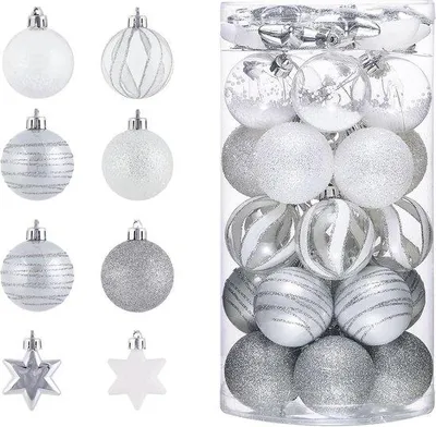 Immagine prodotto di Set di palline di Natale con neve, 35 pezzi, bianco e argento, palline di Natale con neve, decorazioni per l'albero di Natale, decorazioni festive