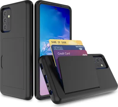 A black smartphone case with a card holder is shown next to a smartphone displaying a blue screen.