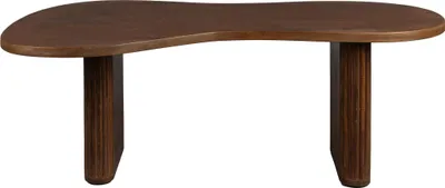 A wooden coffee table with an organic shape and fluted legs, presented against a white background.