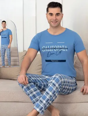 Produktbild von Herren Pyjama Schlafanzug Blau L Baumwolle Kurz 2-Teiler Set C-75