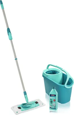 A mop, bucket, and cleaning solution are displayed against a white background.