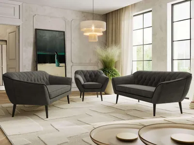 Produktbild von MKS MEBLE Couchgarnitur PIRS 3-3-1, Set mit Armlehnen, Wellenfederung, schwarze Füße, Dreisitzer Sofas mit Sessel, Sitzgruppe Wohnzimmer - Dunkelgrau Velvet