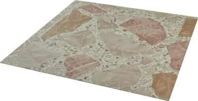 A single vinyl tile with a terrazzo-like pattern is shown from a slightly elevated angle against a white background.