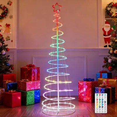 A spiral LED Christmas tree with RGB lights and a star on top, surrounded by wrapped gifts.