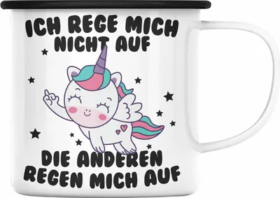 Produktbild von Trendation - Emaille Tasse mit Spruch, Lustige Emaille Tasse mit Sprüchen - Ich Rege Mich Nicht Auf - Emaille Emaille Tasse Geschenk Arbeitskollege Geschenkidee Frauen Einhorn Moti (Schwarz)