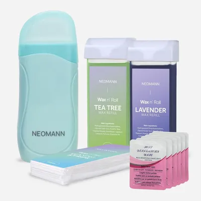 Imagen del producto de Kit de cera en rollo Neomann Turquoise: Set de cera en roll-on para depilación en casa, con aceite de árbol de té, lavanda, 6 productos de cuidado y 50 tiras