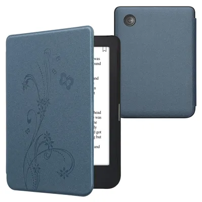 Produktbild von kwmobile Schutzhülle für Kobo Clara 2E / Tolino Shine 4 Hülle - eReader Flip Case mit Auto Sleep Funktion - Ranken Schmetterling mit Dunkelblau
