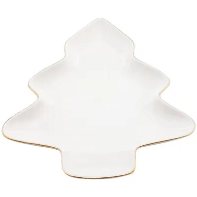 Produktbild von Vilde Porzellanteller Servierteller Serviertablett weiß mit Goldverzierung Weihnachtsbaum 20x16,5 cm