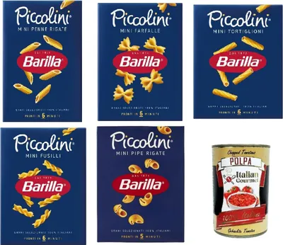 Produktbild von Barilla Piccolini Pasta Mix 5 Sorten (Mini Penne, Mini Farfalle, Mini Tortiglioni, Mini Fusilli, Mini Pipe) 5 x 500 g Familienpack, kurze Kochzeit, 100% Hartweizen + Italian Gourmet polpa