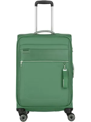 A green trolley suitcase with a telescopic handle and wheels, shown from the front.