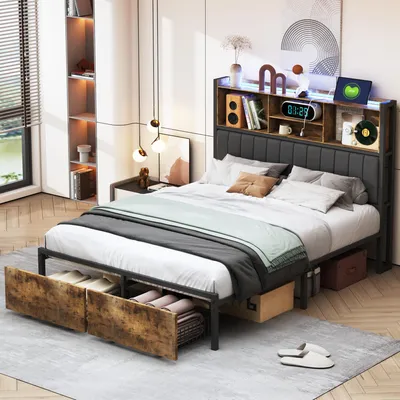 Letto Matrimoniale Imbottito King Size Con Contenitore E LED – Pelle PU, 4 Cassetti, Testiera Regolabile – Grigio 140x200 Cm